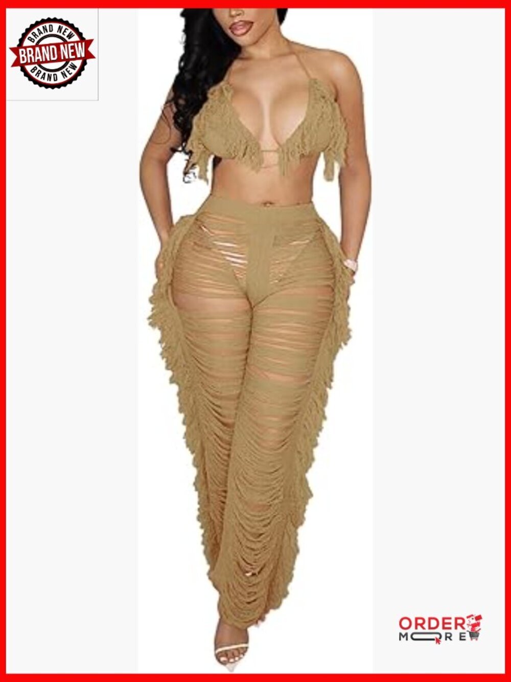 Sexy Crochet Two Piece Set - Halter Top & Fringe Pants - Beach Cover Up